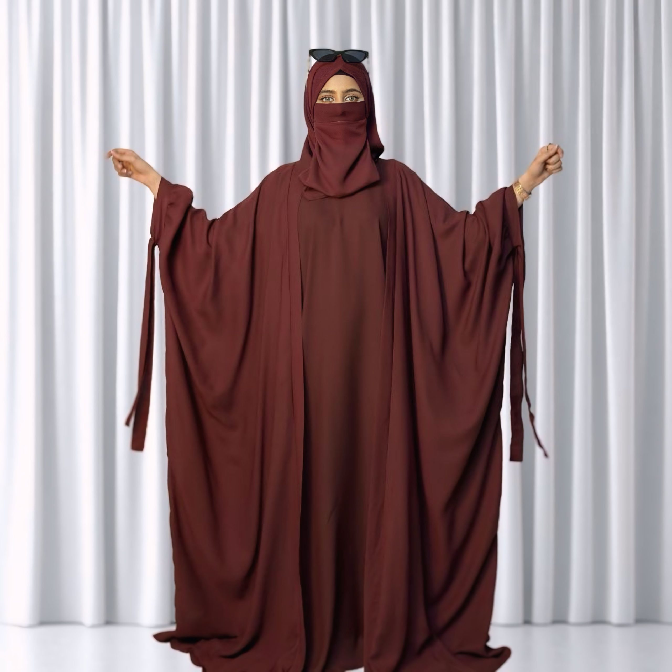 4 piece tie kaftan abaya (maroon) - Image 4